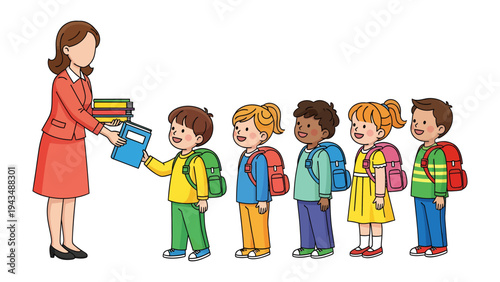 The Teacher's Hand: A dedicated educator, extending a helping hand, hands out books to eager young pupils ready to begin their day in the learning environment