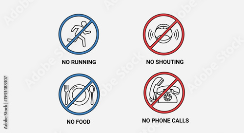 Set of essential prohibition signs for public and private areas, featuring no running, no shouting, no food, and no phone calls symbols to enforce safety and order