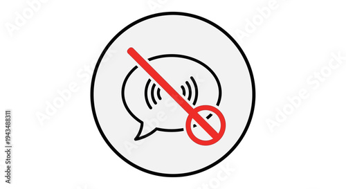 Iconographic representation of a speech bubble with sound waves and a prohibition sign, symbolizing the cancellation or muting of audio communication