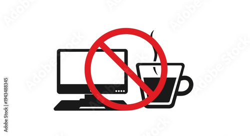 Iconic prohibition sign advising against consuming beverages or eating while working on computers to prevent spills and damage to electronics