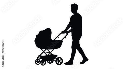 A man pushing a stroller with a baby inside