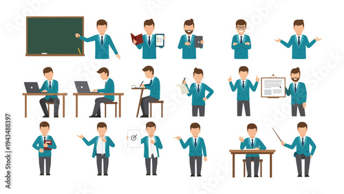 Teacher and Instructor: A collection of various teaching poses of a male instructor with different teaching gestures and tools. Capture the essence of education, guidance, and knowledge dissemination.