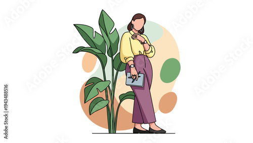 Modern Woman with tablet: A stylish lady, strikes a pose alongside lush, green plant, holding a digital tablet. A portrait of modern femininity and technological integration.