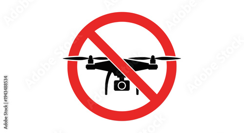 Clear graphic warning symbol indicating areas where drone flight is restricted or entirely prohibited, emphasizing safety and privacy concerns regarding unmanned aerial vehicles