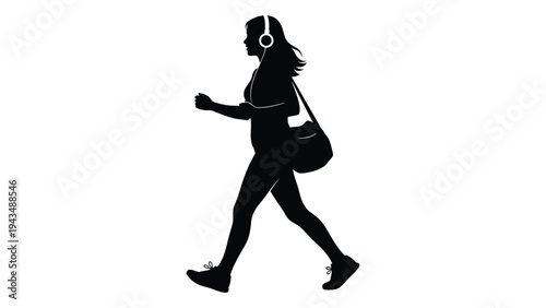 A woman wearing headphones and walking while carrying a bag