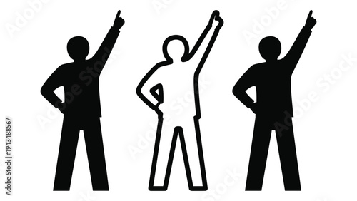 Three people standing with one arm raised