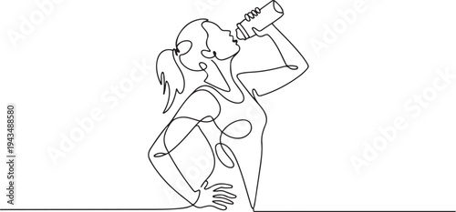 continuous single drawn one line girl athlete drinks water hand-drawn picture silhouette. Line art. Doodle. one line Icon drawing
