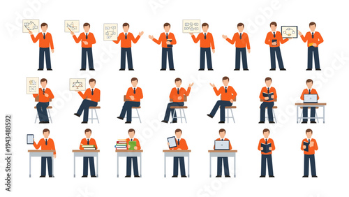 Project Manager at Work: A collection of illustrations showcases a project manager in various poses, actively engaged in tasks, displaying presentations, and interacting with devices.