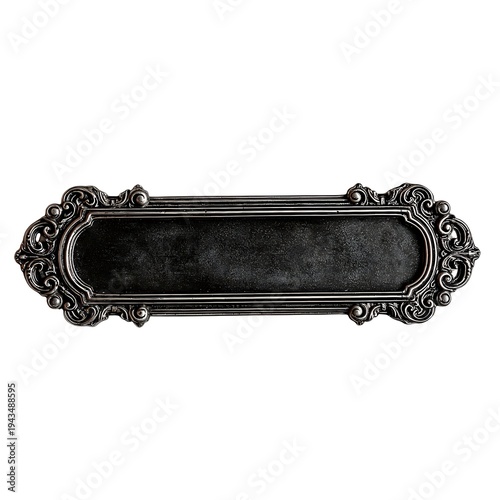 Blank antique black name plate with intricate metal black filigree scrollwork frame isolated on white background