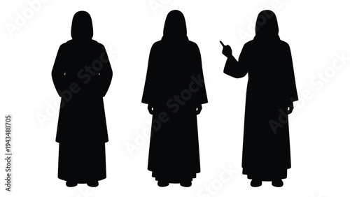 Three black silhouettes of people in robes standing