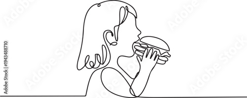 one continuous girl line drawn biting a hamburger drawn from the hand a picture of the silhouette. Line art. one line Icon drawing
