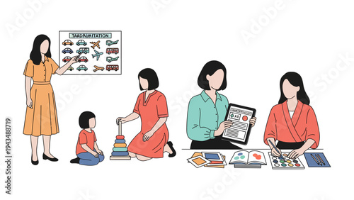 Child Education: A teacher in a classroom setting, engaged in the important task of educating children. A scene depicting learning and development
