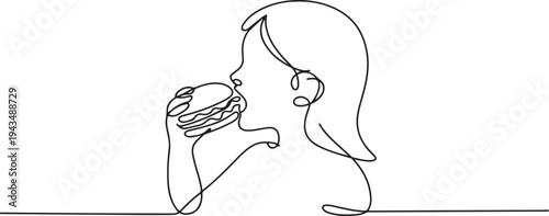 one continuous girl line drawn biting a hamburger drawn from the hand a picture of the silhouette. Line art. one line Icon drawing