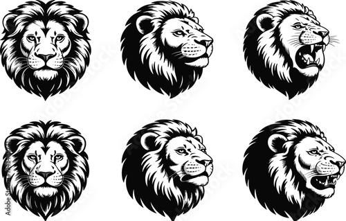 Black and white lion head illustration set, roaring lion mascot logo, powerful wild animal vector, tribal tattoo style design