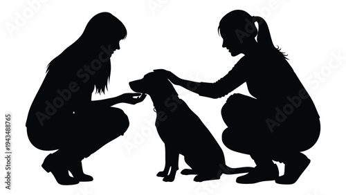 Two women crouching and petting a dog