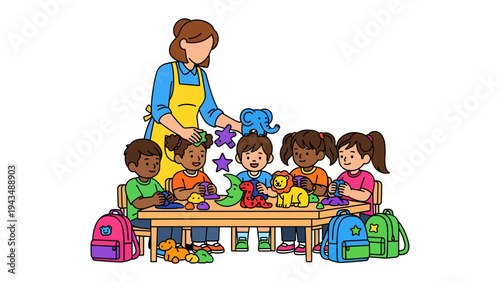 Daycare Playtime: A nurturing caregiver engages with a group of young children during a vibrant and educational playtime, filled with joy, learning, and colorful toys.
