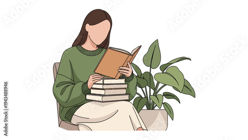 Reading and Serenity: A woman engrossed in a book, finds solace and escape in the pages of literature, surrounded by a peaceful ambiance.