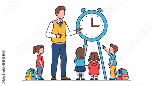 Early Learning: A teacher educates young children, using an oversized clock to demonstrate time.