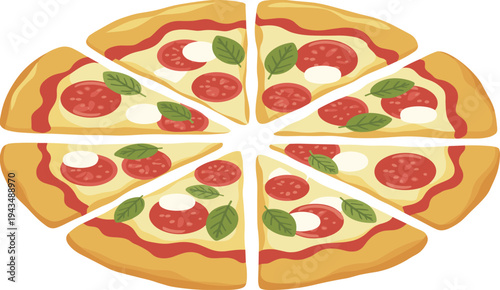Delicious pizza slices, Italian pizza illustration, cheesy pepperoni pizza, basil tomato toppings, sliced pizza pie, fast food, restaurant menu design