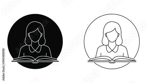 Woman reading a book in two different outline styles
