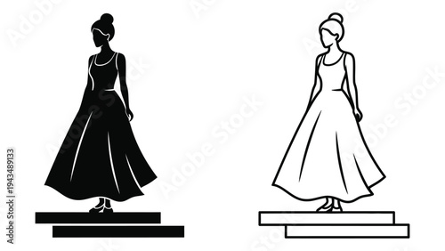 Silhouette and line drawing of women in evening gowns