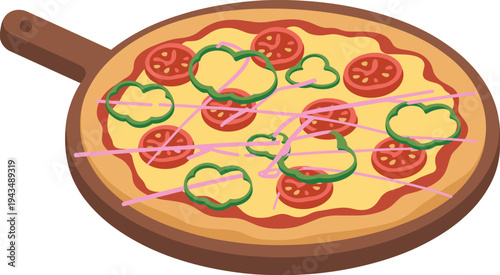 Fresh vegetable pizza on wooden board, pepperoni cheese pizza illustration, italian fast food, colorful toppings, restaurant menu design