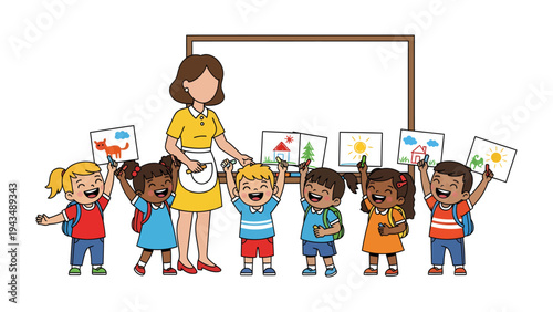 Joyful Art Class: A cheerful teacher and a diverse group of children proudly display their artwork in a bright, inviting classroom. Demonstrating the creativity and camaraderie of learning.