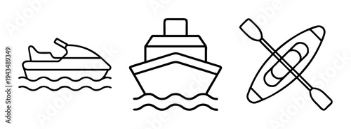 Boats and kayaks vector illustration for water transport activity and recreation line art drawing, 90 characters