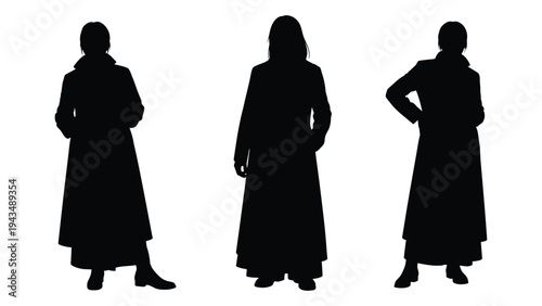 Three women in long dresses standing in different poses