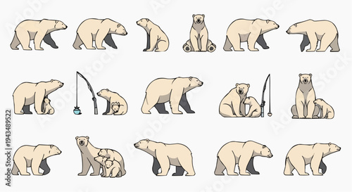 A series of stylized illustrations showing polar bears in various poses and situations