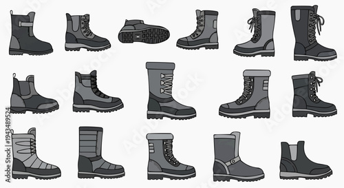 An illustrated assortment of boots, each with a unique design and detail, displayed in a row