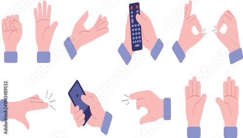 Hand gestures collection, cartoon hands set, pointing snapping holding remote smartphone, human gesture icons, flat vector illustration isolated