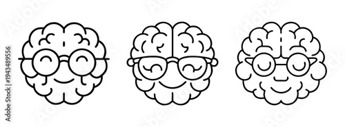 Three cartoon brains wearing glasses illustration for creative mind and intelligence concept