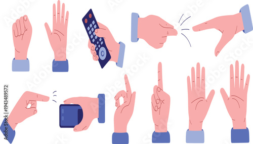 Hand gestures collection, cartoon hands set, pointing snapping holding remote smartphone, human gesture icons, flat vector illustration isolated