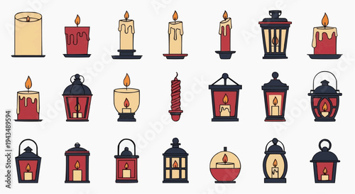 Assortment of illuminated candles and lanterns, symbolizing light, warmth, and celebration. Each candle and lantern, exuding a unique design.  