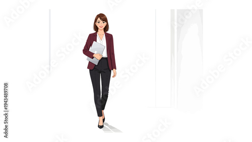 Businesswoman with a Laptop: A stylish businesswoman confidently walks forward, clutching a sleek laptop under her arm, exuding professionalism and determination.