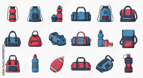 Collection of various sports bags and water bottles, illustrating the essentials for an active and healthy lifestyle. The design is colorful, with each bag and bottle distinct in its style