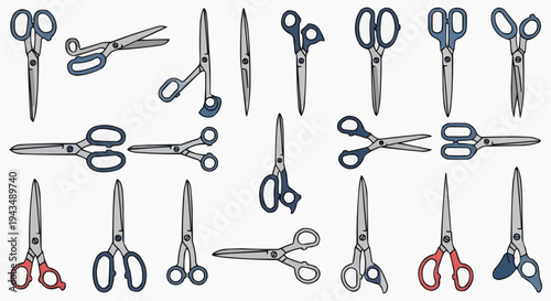 A collection of various scissors illustrations against a solid background. Diverse types of scissors, showing a variety of sizes and shapes