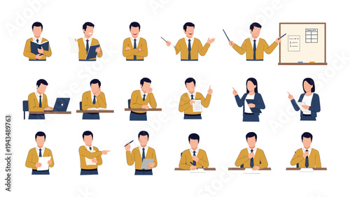 Diverse Business Professionals in Various Poses: A curated set of illustrations showcases business individuals engaged in diverse professional actions, ideal for communication and business materials.