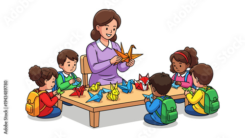 Origami Art of Teaching and Learning: A dedicated educator, surrounded by attentive children, fosters creativity as they engage in the art of origami.