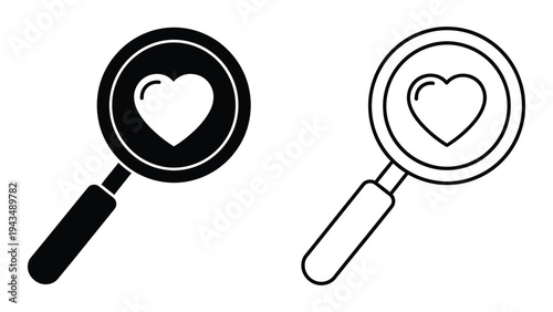 Black and white line icons of magnifying glasses with heart shapes