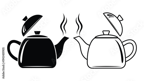 Black and white teapots with lids on white background
