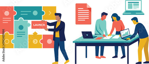 A group of business professionals engaged in startup roadmap planning with a colorful puzzle piece diagram