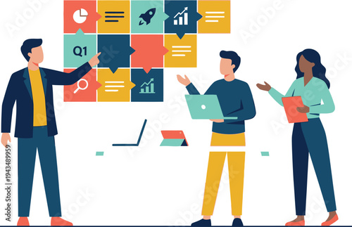 A colorful vector graphic illustration of three businesspeople discussing a timeline in a modern office setting