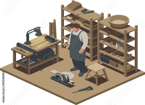 Isometric carpenter workshop illustration, woodworker crafting furniture, woodworking tools workspace, artisan craftsman studio, traditional carpentry interior vector design