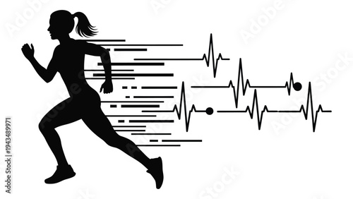 A woman runs with an ecg rhythm beside her