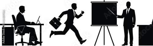 Business man silhouette set with office desk work running with briefcase and presentation poses cad drawing flat vector illustration