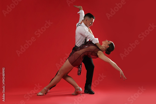 Slika na platnu Couple of professional dancers on red background