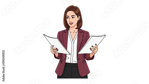 Poised Professional at Work: A woman, radiating confidence and focus, stands with documents, embodies professional dedication and sharp expertise.