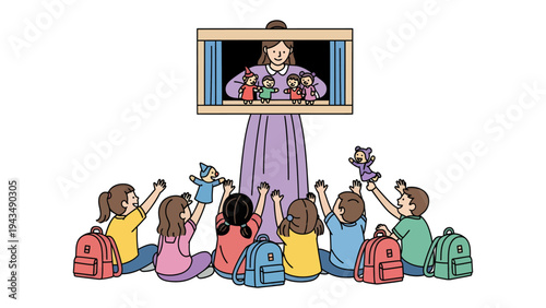 Puppet Show Enchantment: Young children gather with excitement, their eyes glued to a whimsical puppet show, where colorful characters come to life on a miniature stage. 